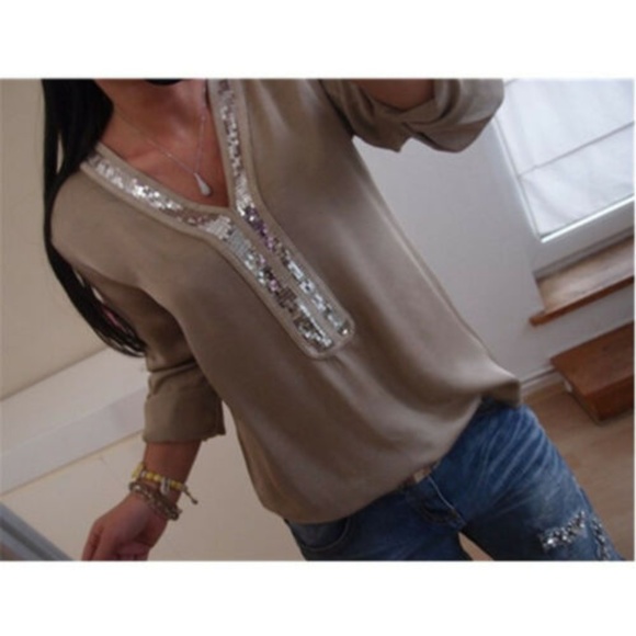 Tops - Womens sequin V Neck Long sleeve top casual blouse